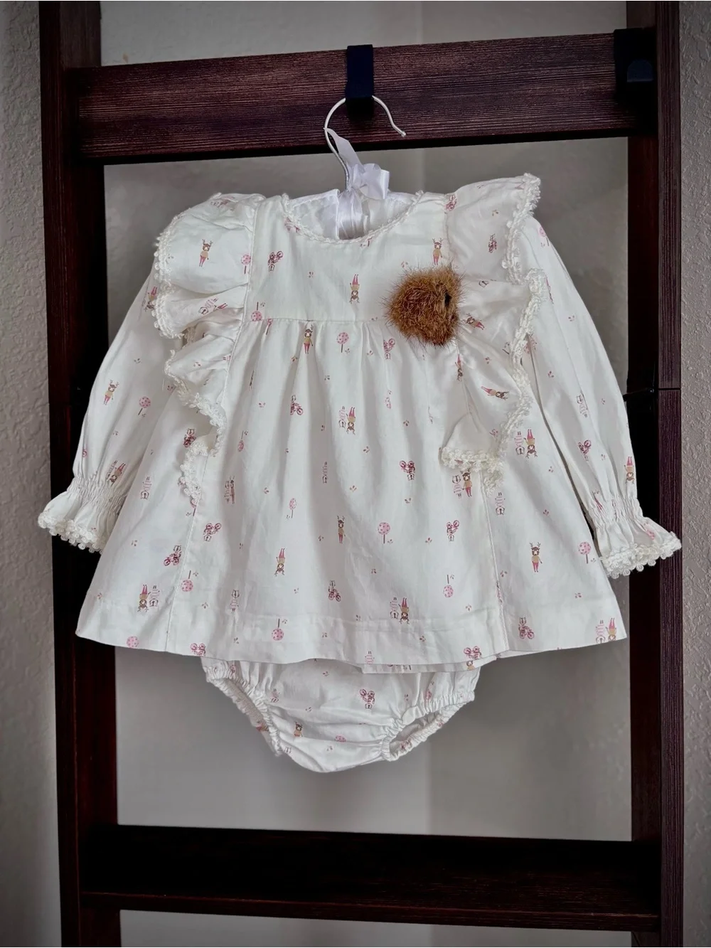 Cream Floral Ruffle Dress with Matching Diaper Cover